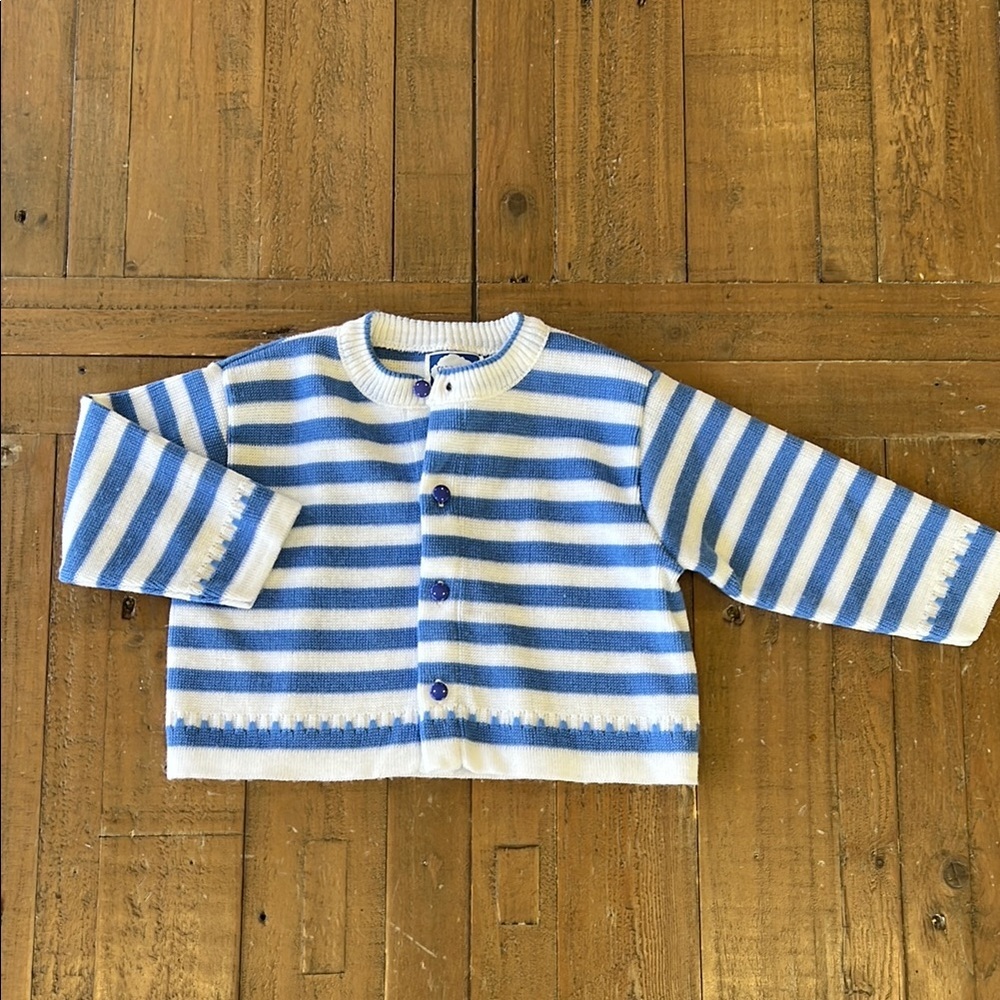 Carriage Boutique Blue and White Striped Knit Cardigan